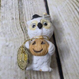 Vintage Napco October Owl Witch Hat Pumpkin Figurine Brown White Halloween